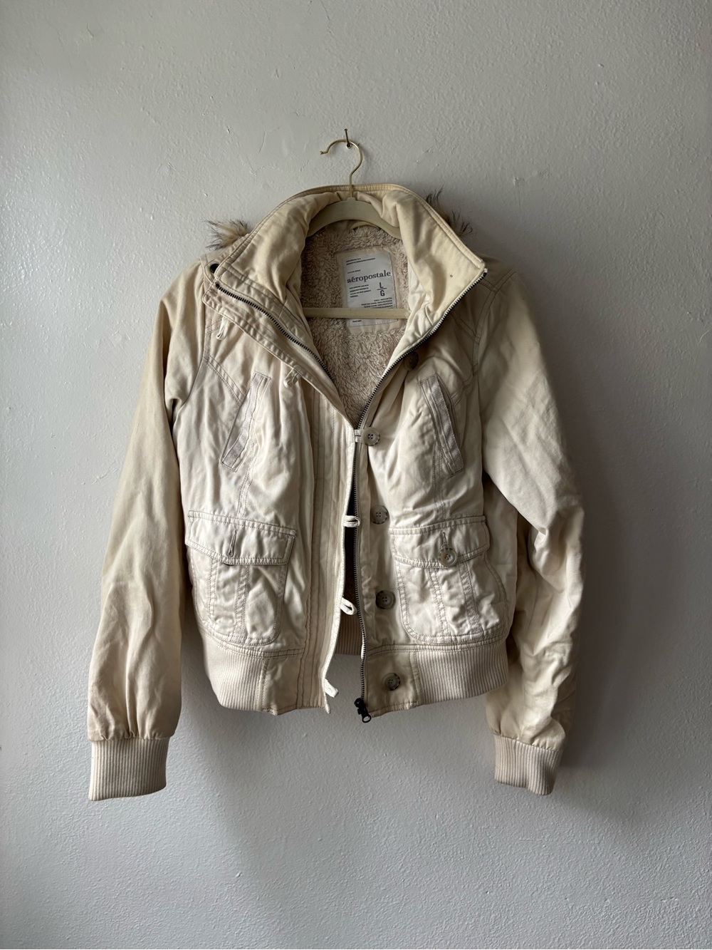 Aeropostale Cream Utility Bomber Jacket with Faux Fur Trim